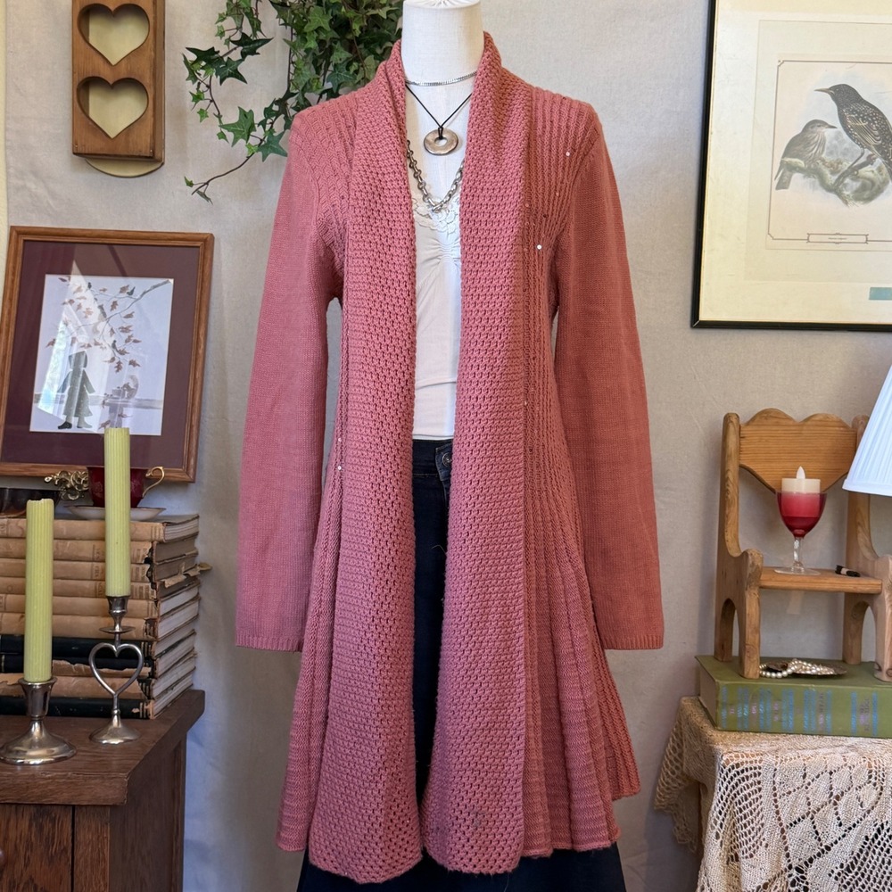 Salmon Pink Chunky Knit Ribbed Acrylic Cardigan Sparkly Feminine Layering M